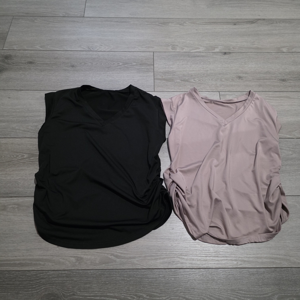 SHEIN Pink And Black V Neck Ruched Blouse